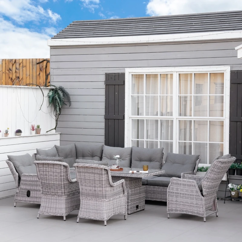 Outsunny 9-Seater PE Rattan Dining Set, Patio Wicker Sofa Sets w/ Height-adjustable Tempered Glass-Top Dining Table, 120° Adjustable Recliner & Armchairs, Mixed Grey