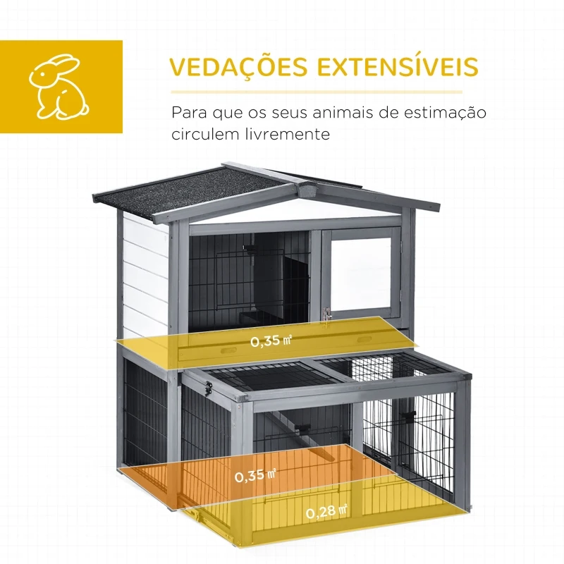 PawHut Coelheira de Exterior de Madeira de 2 Níveis Gaiola para Coelhos e Animais Pequenos com Teto Asfástico Zona Aberta Bandeja Removível e Rampa 101,5x90x100cm Cinza