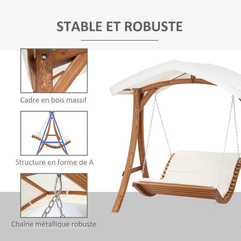 Outsunny Balancelle Bain de Soleil de Jardin 2 Places avec auvent et Coussin rembourré dim.189,5L x 162l x 216H cm - Bois de pin
