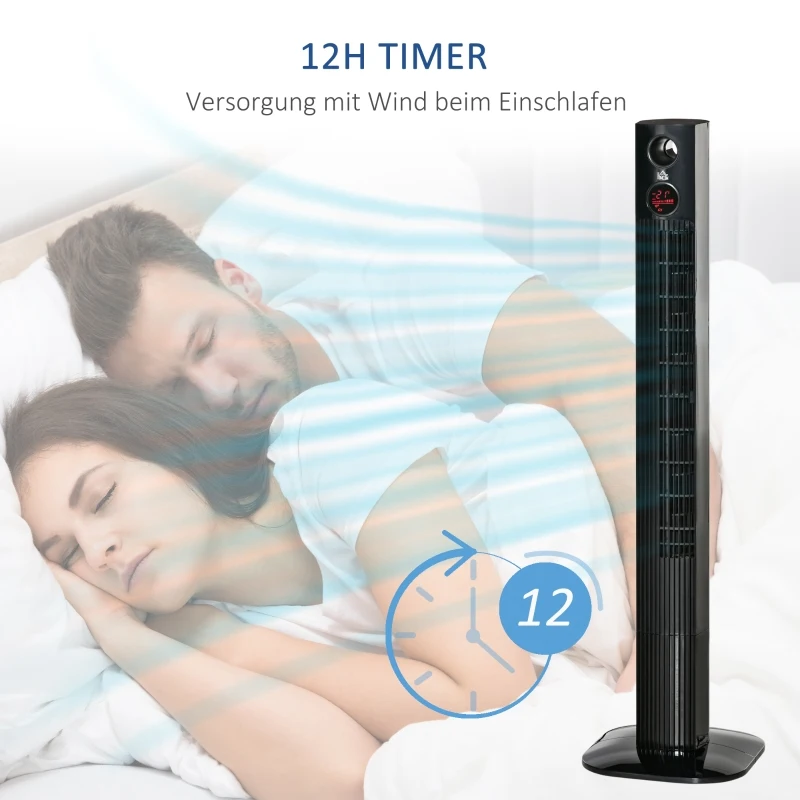 HOMCOM wentylator wieżowy, stojący, dyfuzor zapachowy, z pilotem, 3 poziomy wentylacji, 45W 70° oscylacja czarny 31,5x31,5x117 cm