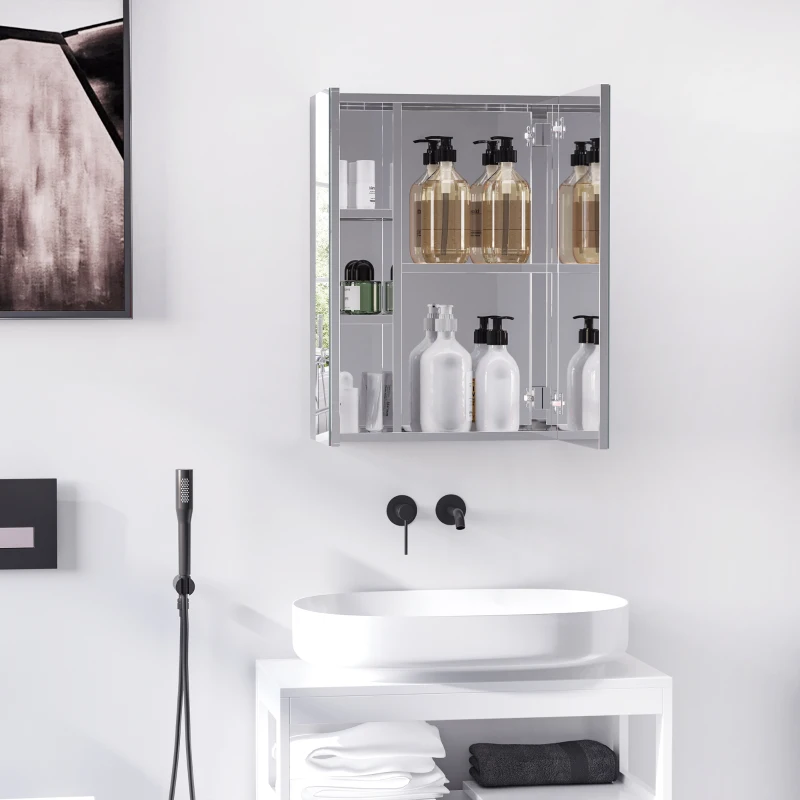 HOMCOM Wall mounted Bathroom Mirror Storage Cabinet Double Doors Stainless Steel 430mm (W)