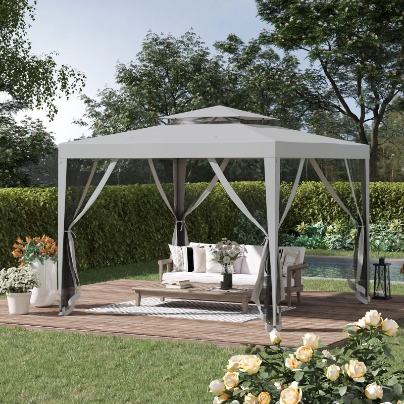 Outsunny Tonnelle barnum de jardin 3L x 3l m avec 4 moustiquaires amovibles - double toit - gris