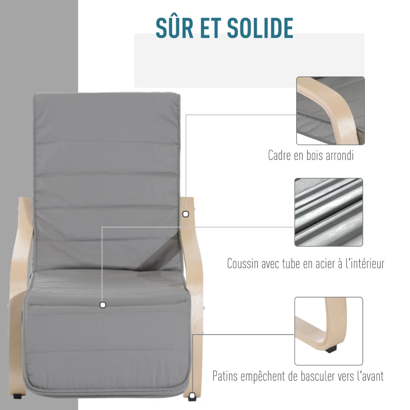 HOMCOM Fauteuil relax avec Repose-Pied réglable déhoussable Confort et Relaxation 83 x 66,5 x 100 cm Bois Massif Gris