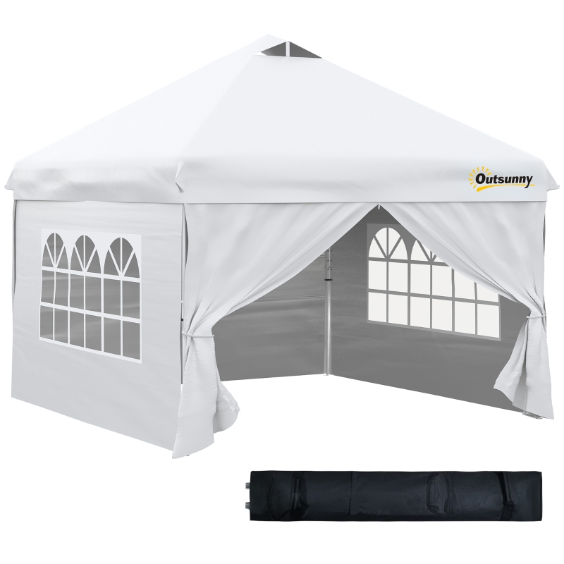 Outsunny Carpa Desmontable 3x3 m con Altura Ajustable de 3 Niveles Cenador de Jardín con 4 Paredes Extraíbles 2 Ventanas 4 Sacos de Arena y Bolsa de Transporte para Camping Blanco