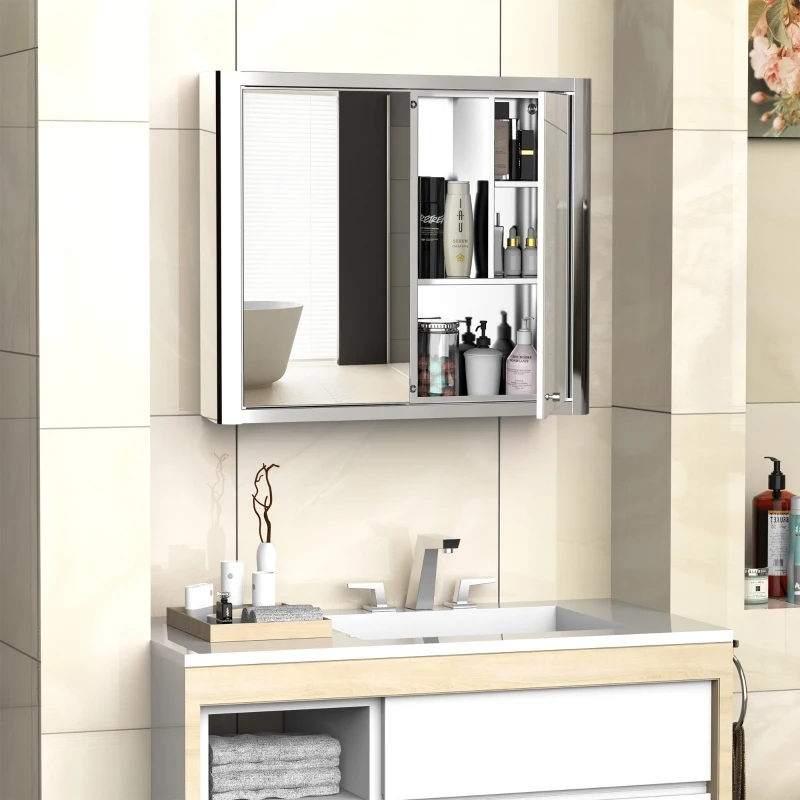 kleankin 7 Compartment Mirrored Bathroom Storage Cabinet On-Wall Steel Frame w/ 2 Doors Double Reflection Shelves Home Vanity Silver Tone