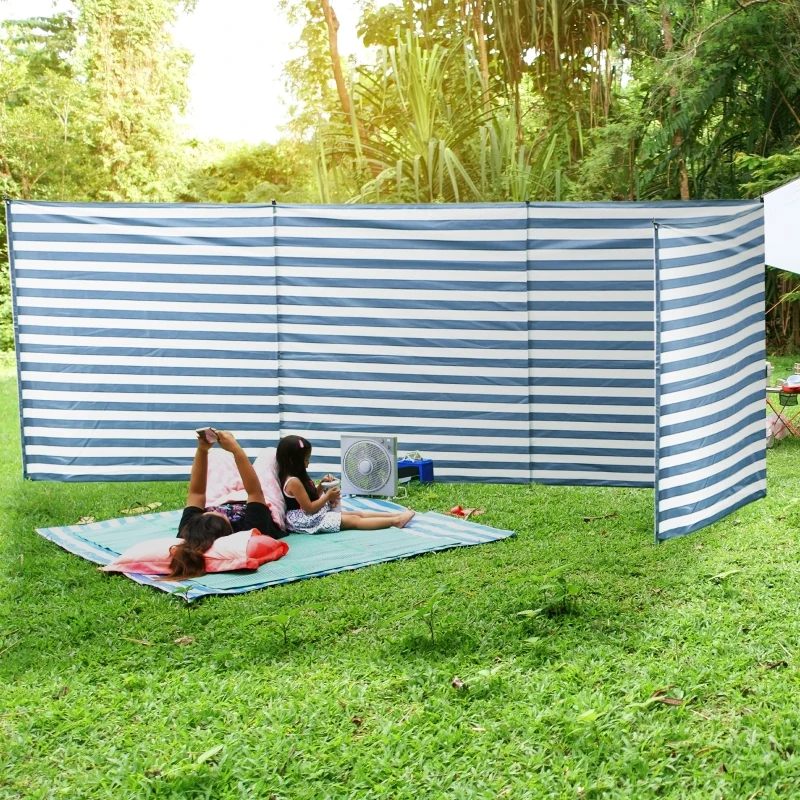 Outsunny Paravent brise-vent de camping portable pliable avec sac de transport et poteaux en acier dim. 540 cm x 150 cm bleu et blanc