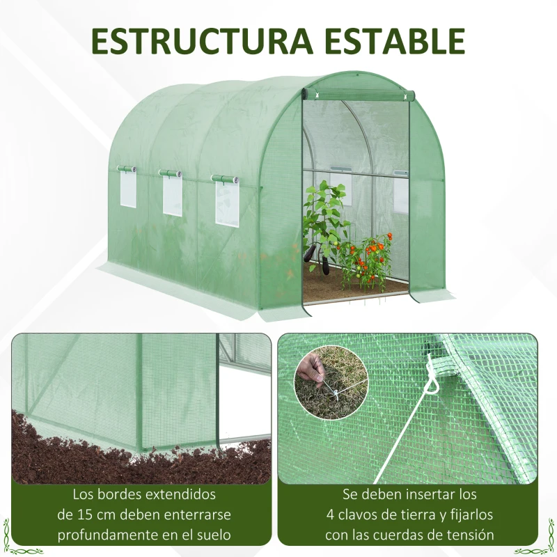 Outsunny Invernadero de Túnel 3x2x2 m Invernáculo de Jardín Exterior con Puerta Enrollable y 6 Ventanas Polietileno y Metal Galvanizado para Cultivos Plantas Flores Verde