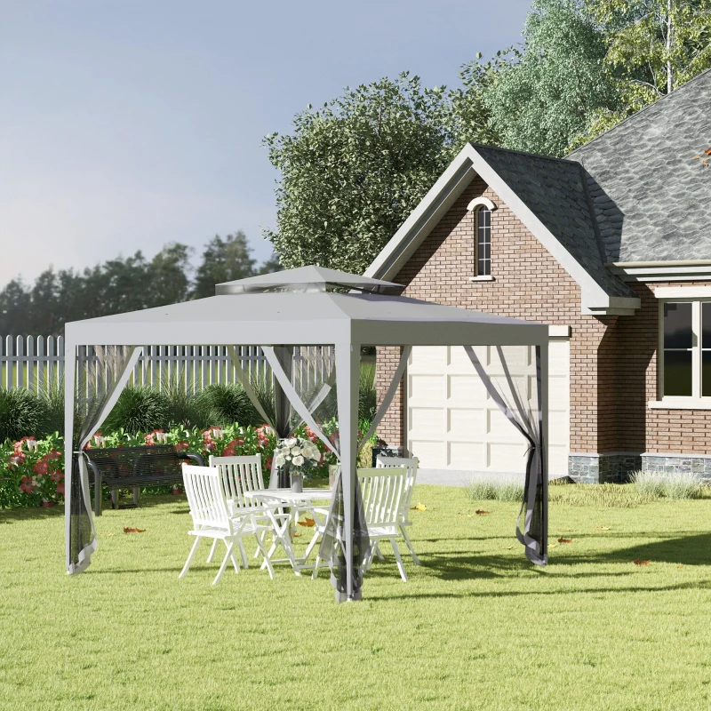 Outsunny Tonnelle barnum de jardin 3L x 3l m avec 4 moustiquaires amovibles - double toit - gris