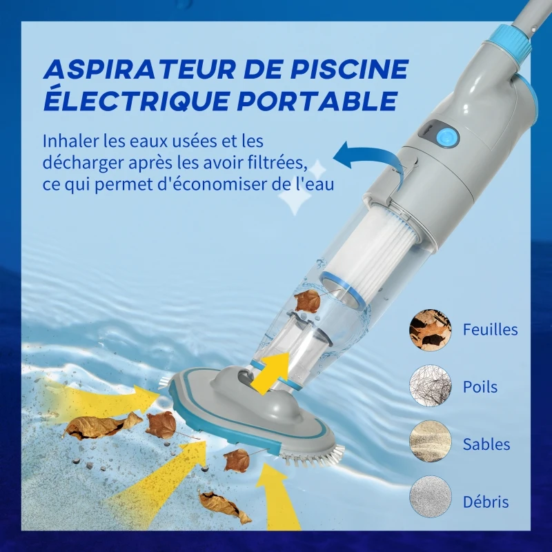 Outsunny Aspirateur de piscine électrique portable rechargeable avec brosse et cartouche filtrante, multi-vitesse, sans fil - gris et bleu