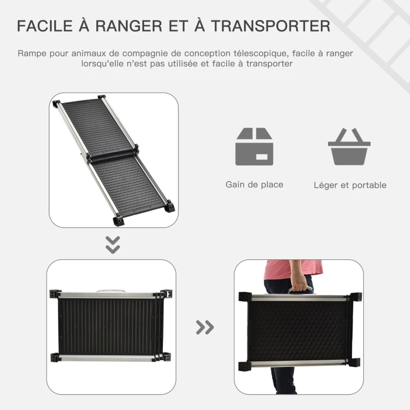 PawHut Rampe Télescopique pour Chien Rampe Animal de Compagnie en 3 Parties Légère Design Pliable avec Poignée Rampe d'accès Ideale pour Voiture Facile à transporter 159 x 42 x 11,5 cm Noir