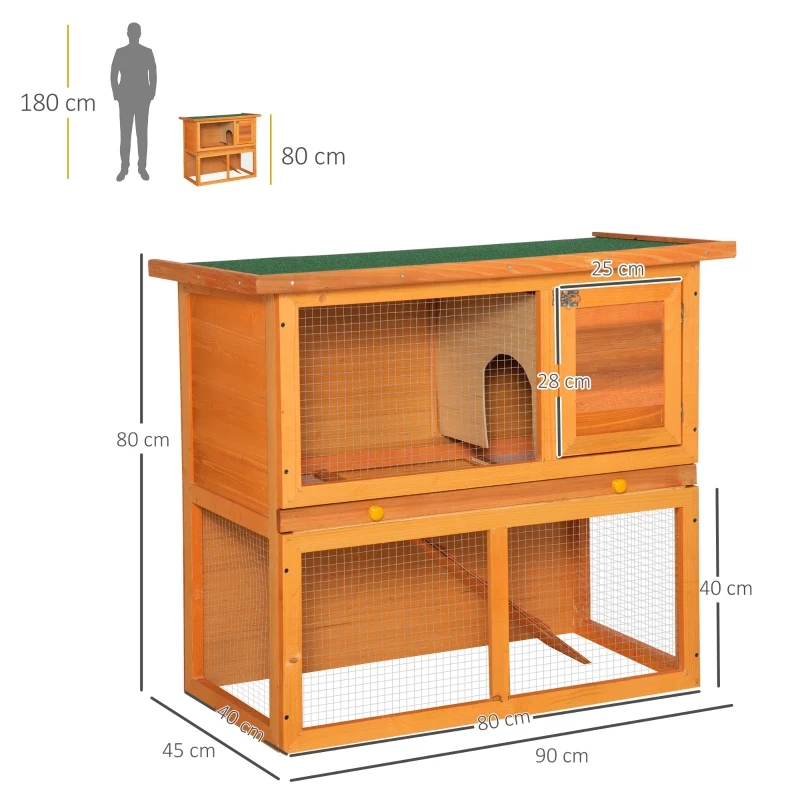 PawHut Coelheira de Exterior de Madeira para Animais Pequenos 2 Níveis com Rampa Teto Asfáltico e Porta com Trava 90x45x80 cm Madeira e Verde
