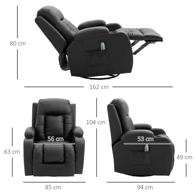 HOMCOM Cadeira de massagem Reclinável até 150° Cadeira de relaxamento com 8 pontos de massagem vibratória Função de aquecimento lombar Controle remoto 90x93x103 cm Preto