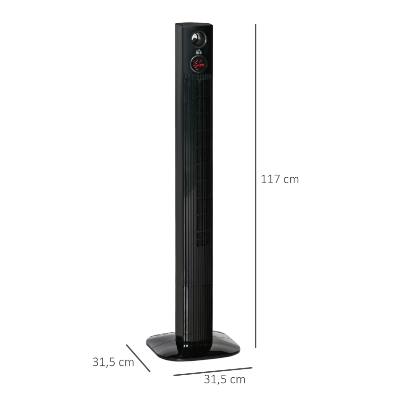 HOMCOM wentylator wieżowy, stojący, dyfuzor zapachowy, z pilotem, 3 poziomy wentylacji, 45W 70° oscylacja czarny 31,5x31,5x117 cm
