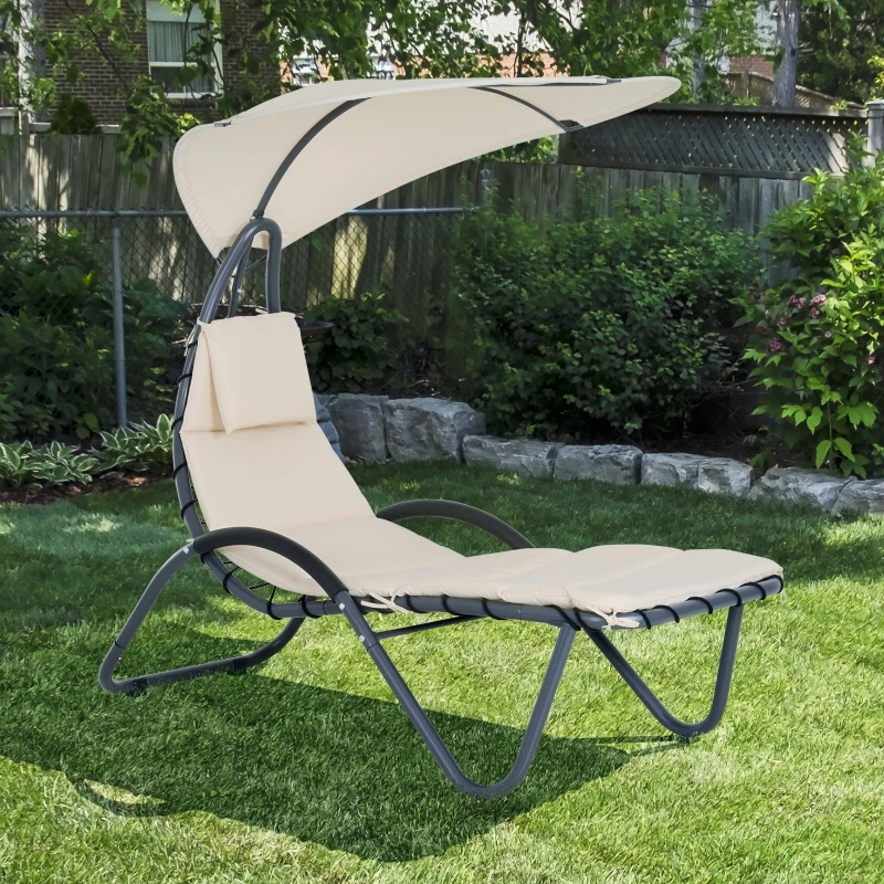 Outsunny Bain de Soleil Design Contemporain avec Pare-Soleil et Matelas 1,81L x 1,27l x 1,77H m Acier époxy Noir Polyester Beige
