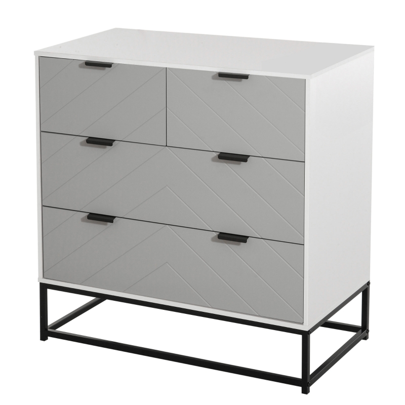Meuble de rangement commode 4 tiroirs coulissants motif à chevron gris blanc
