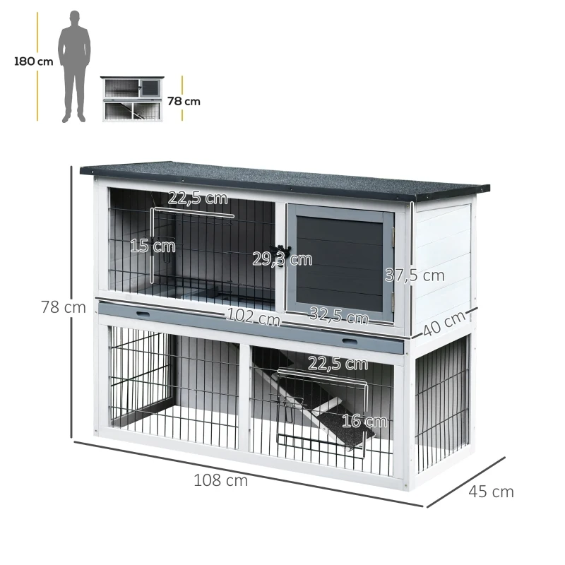 PawHut Gaiola de madeira para coelhos com rampa bandeja removível 2 andares e 2 portas 108x45x78 cm cinza