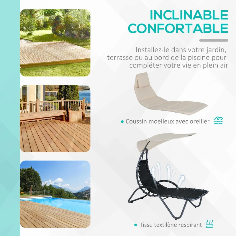 Outsunny Bain de Soleil Design Contemporain avec Pare-Soleil et Matelas 1,81L x 1,27l x 1,77H m Acier époxy Noir Polyester Beige