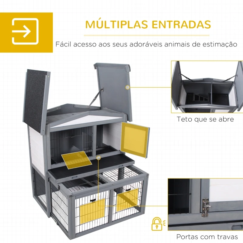 PawHut Coelheira de Exterior de Madeira de 2 Níveis Gaiola para Coelhos e Animais Pequenos com Teto Asfástico Zona Aberta Bandeja Removível e Rampa 101,5x90x100cm Cinza