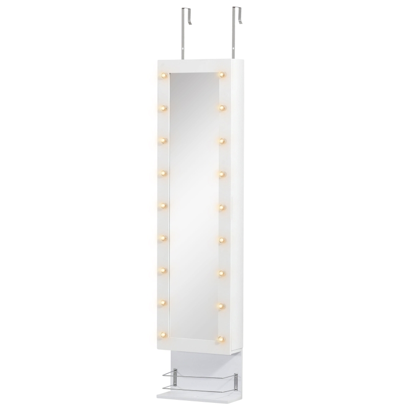HOMCOM Espelho com Móvel de Bijuterias de Parede ou Porta Armário Guarda Jóias com 18 Luzes LED Altura Ajustável e Prateleira Aberta Organizador de Jóias 31,7x13,4x130cm Branco