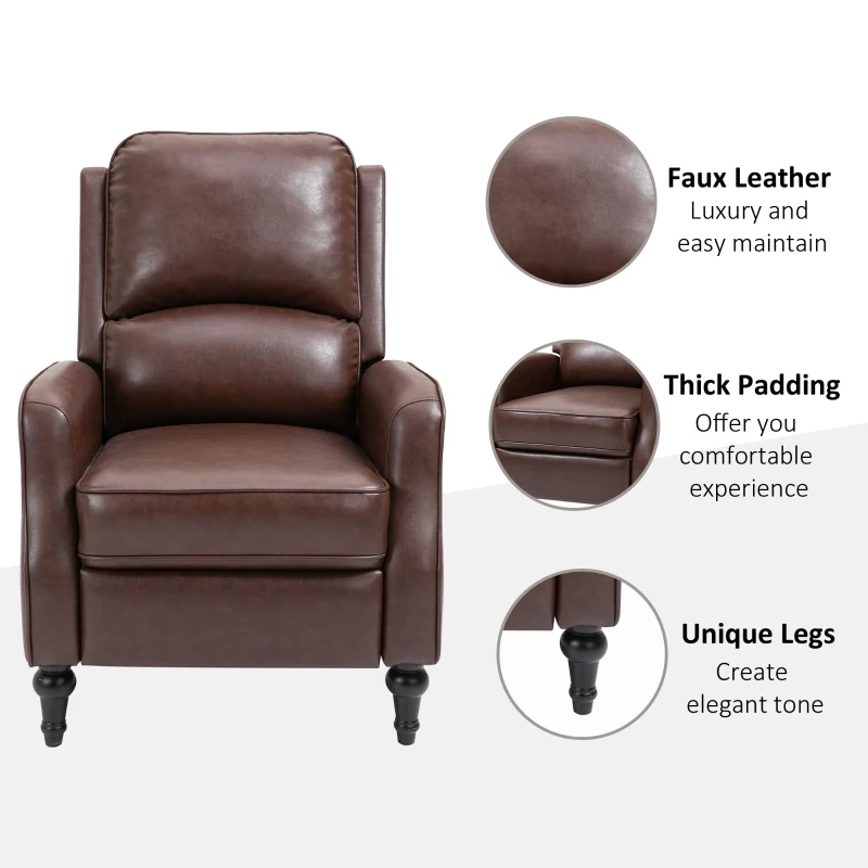 HOMCOM Manual Recliner Chair Armchair Sofa with Faux Leather Upholstered Seat and Backrest for Living Room Bedroom, Brown