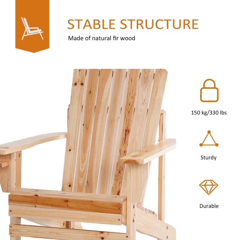 Outsunny Outdoor Classic Wooden Adirondack Deck Chair with Cup Holder - Natural Wood