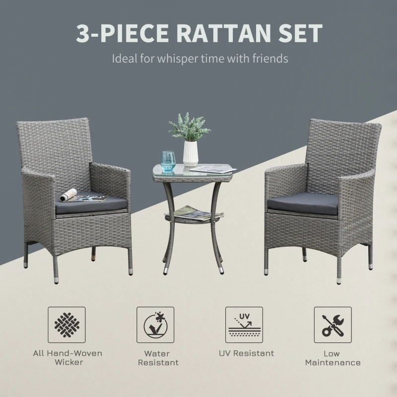 Outsunny 3PC Rattan Bistro Set 2 Armchair Glass Top Coffee Table Wicker Weave Furniture for Garden Outdoor Balcony Patio
