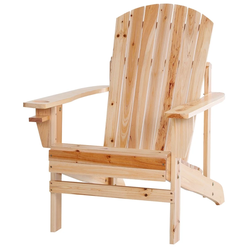 Outsunny Outdoor Classic Wooden Adirondack Deck Chair with Cup Holder - Natural Wood