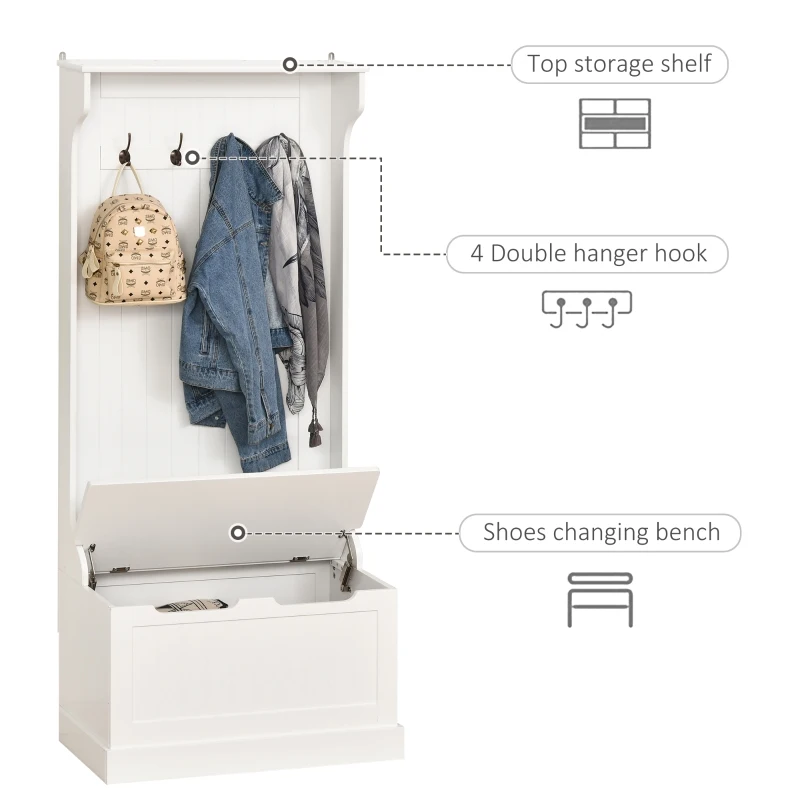 HOMCOM Hall Tree with Storage Bench Coat Racks 4 Hooks Wooden Seat Space Saving Simple Robust White