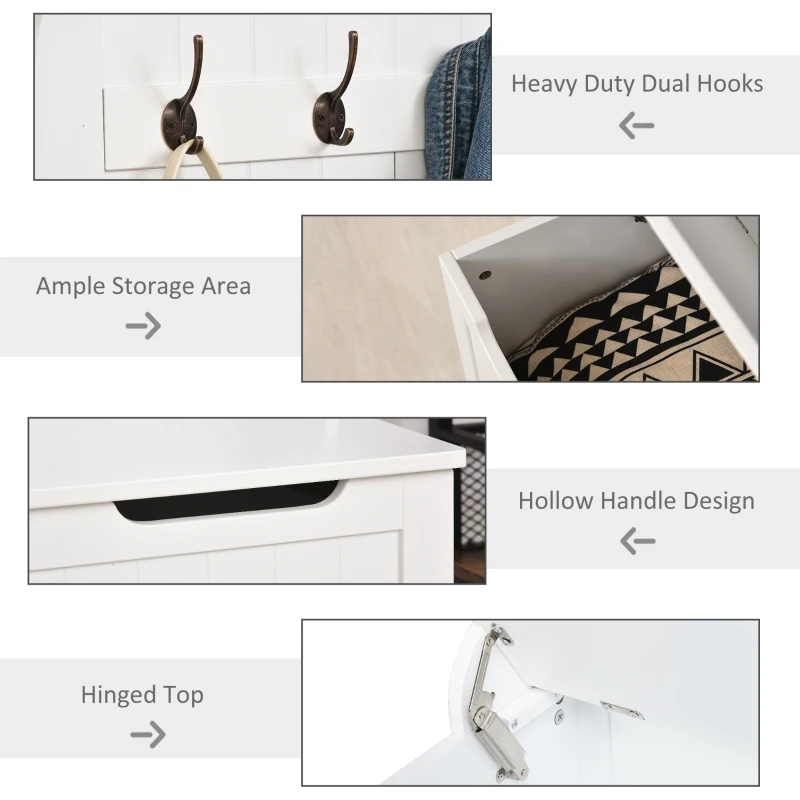 HOMCOM Hall Tree with Storage Bench Coat Racks 4 Hooks Wooden Seat Space Saving Simple Robust White