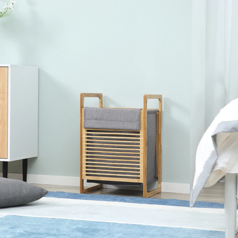 Kosz na bieliznę HOMCOM pojemnik na pranie kosz na brudną bieliznę z pokrywą worek płócienny bambus poliester przypominający len naturalny+szary 40 x 35 x 60,5 cm