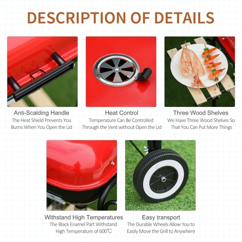 Outsunny Charcoal Portable Grill W/Wheels, 98Lx49Wx81H cm-Black/Red