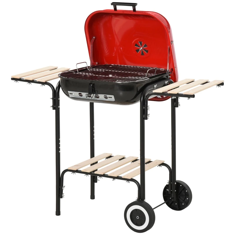 Outsunny Charcoal Portable Grill W/Wheels, 98Lx49Wx81H cm-Black/Red