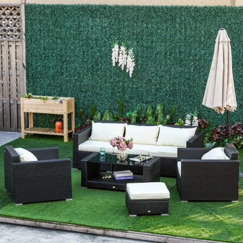 Outsunny Garden Rattan Furniture 7 PCs Sofa Set Patio Outdoor Wicker Weave Conservatory Table Chairs w/ Cushions Aluminium Frame