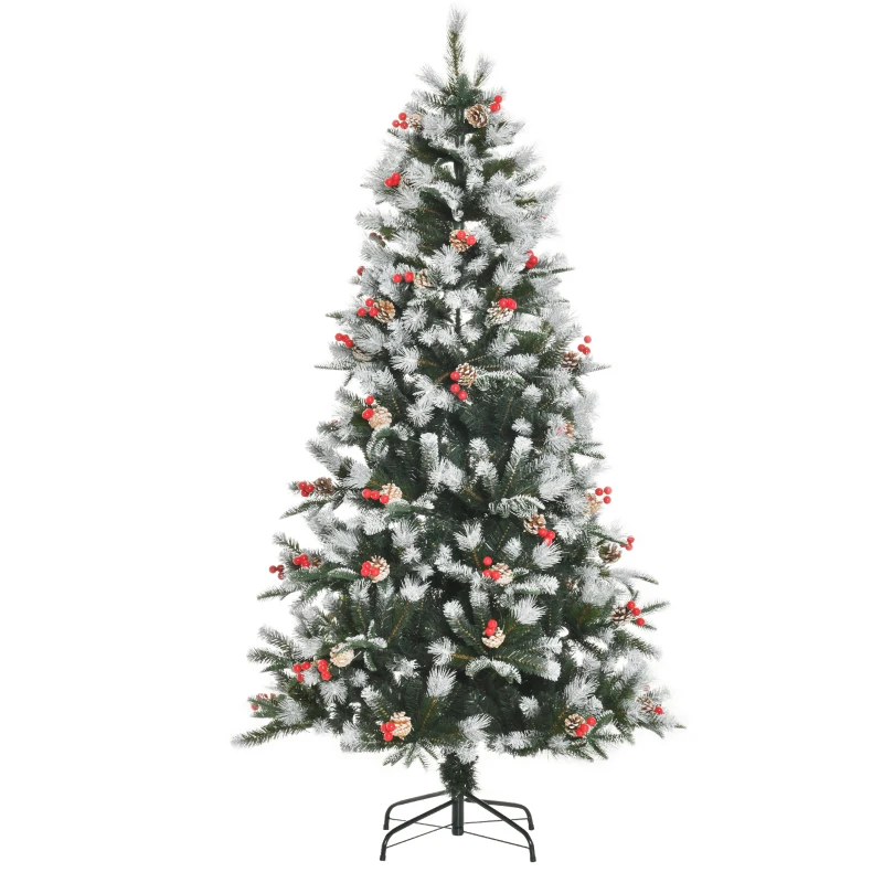 HOMCOM 6FT Artificial Snow Dipped Christmas Tree Xmas Pencil Tree Holiday Home Party Decoration with Foldable Feet Red Berries White Pinecones, Green