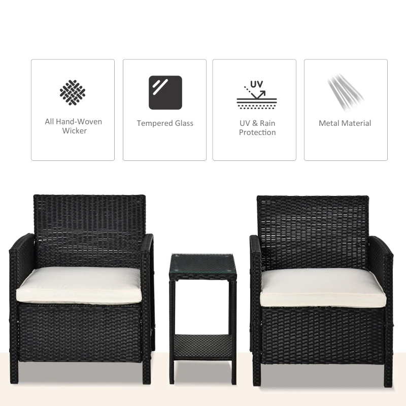 Outsunny 2-Seater PE Rattan Side Table & Armchair Bistro Set Jack and Jill Seat w/ Pillows Black
