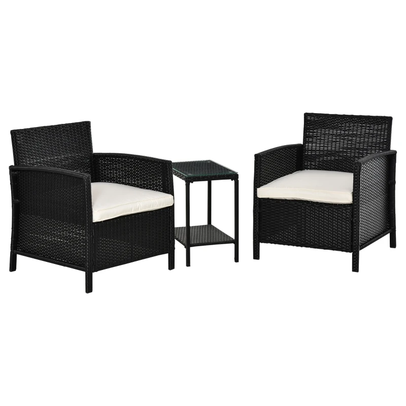 Outsunny 2-Seater PE Rattan Side Table & Armchair Bistro Set Jack and Jill Seat w/ Pillows Black