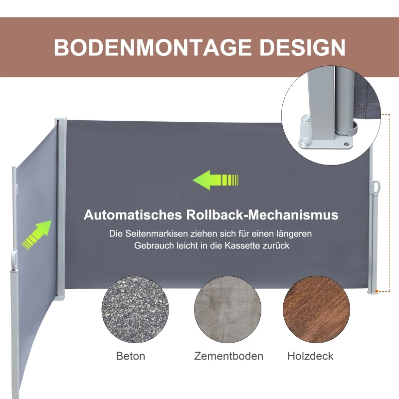 Outsunny Markiza boczna dwustronna, zasłona i ochrona przed słońcem, roleta boczna, poliester, szara 6 x 1,6 m