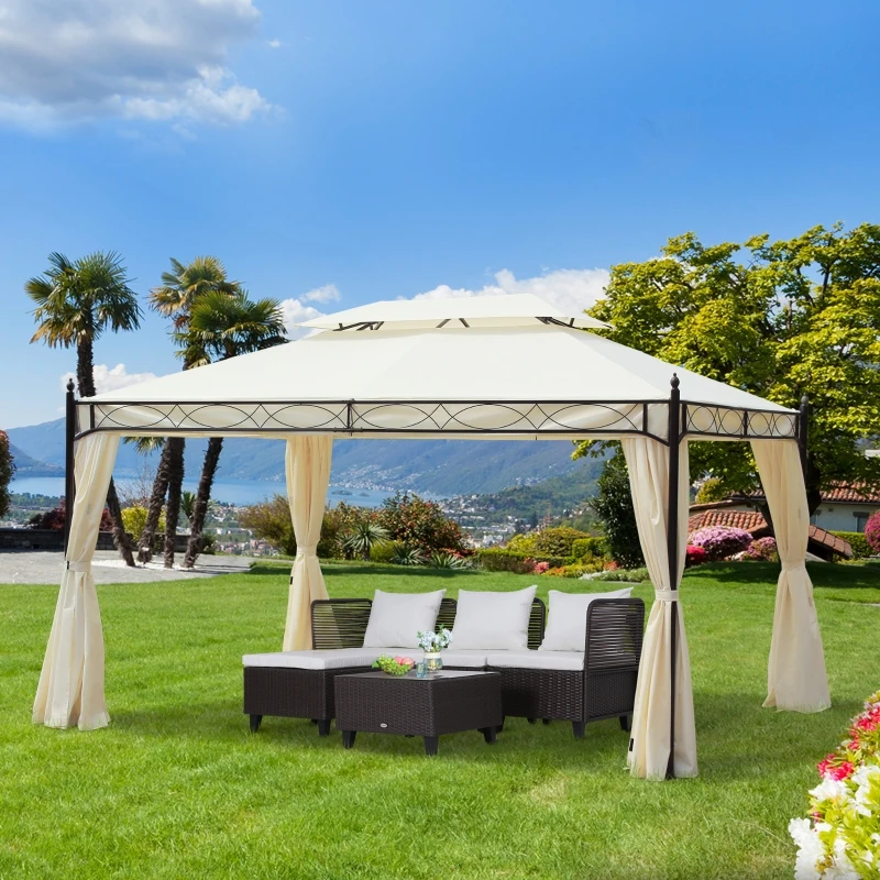 Outsunny Pérgola de Jardim 4x3m Pérgola com Teto Duplo Respirável com 4 Cortinas Laterais Removíveis Estrutura de Aço para Festas Casamentos Eventos Creme