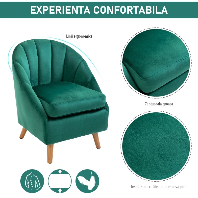 Homcom Fotoliu Verde din Catifea – Elegant cu Picioare din Lemn