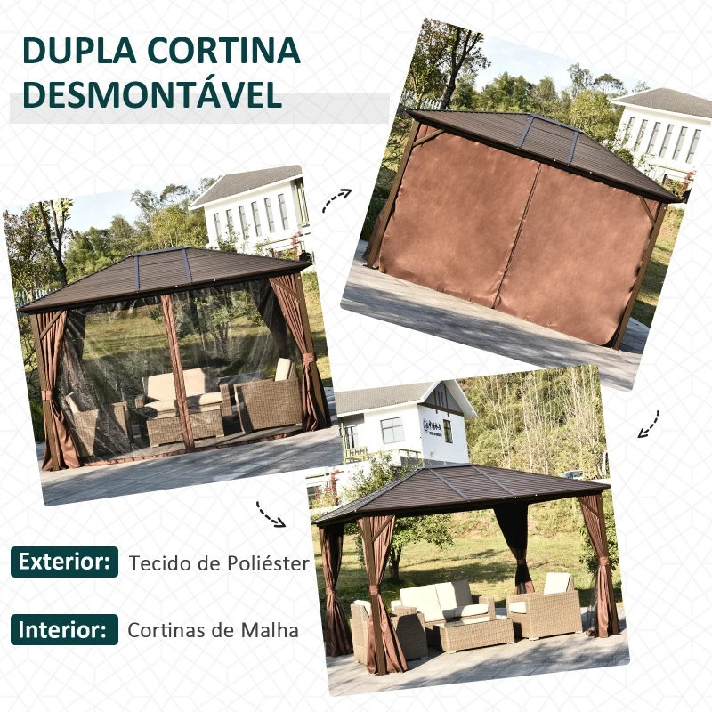 Outsunny Pérgola para Jardim com Parede Lateral e Rede Mosquiteira 365x300x265 cm Marrom