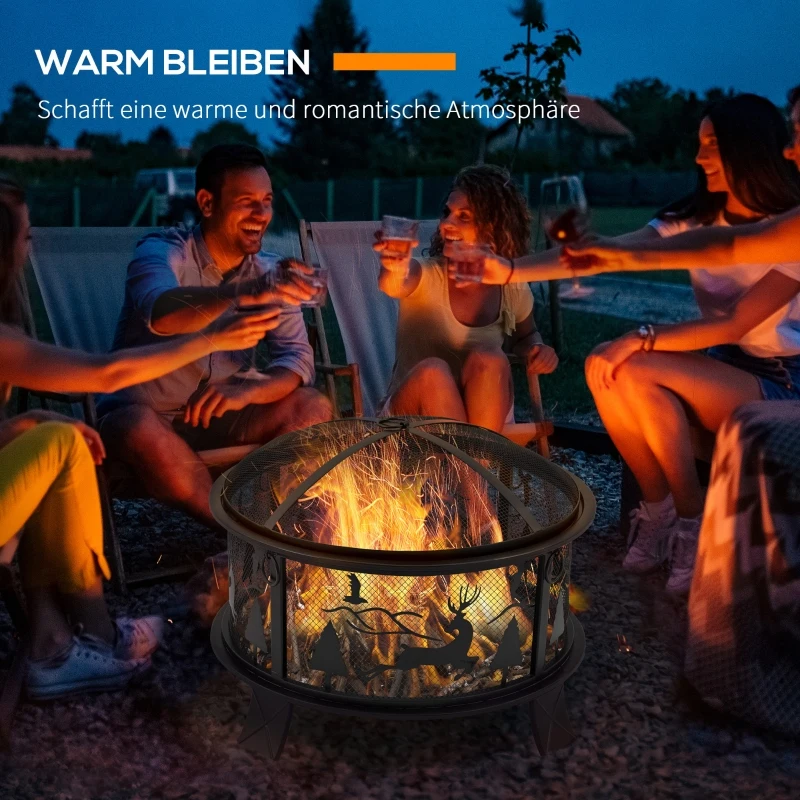 Outsunny Feuerschale Feuerkorb mit Funkenschutz 60 cm Feuerstelle für Garten rund Schwarz