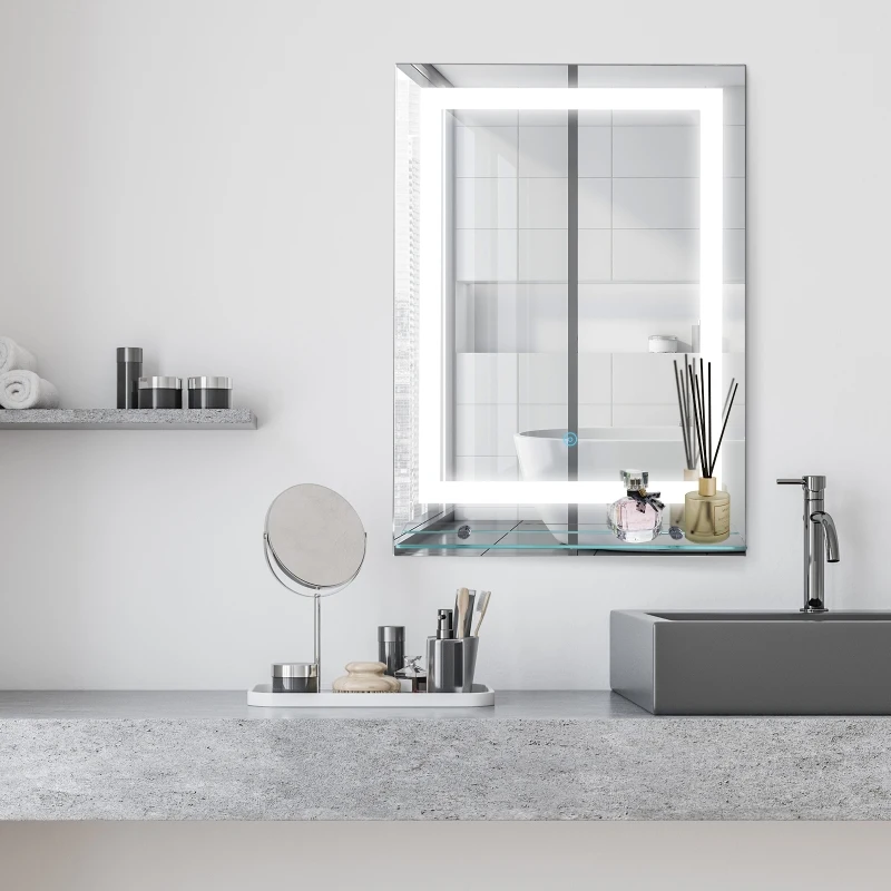 kleankin 70x50cm LED Light-Up Bathroom Mirror w/ Glass Shelf Aluminium Frame Touch Switch Wall Mounted Vanity Home Beauty Reflection