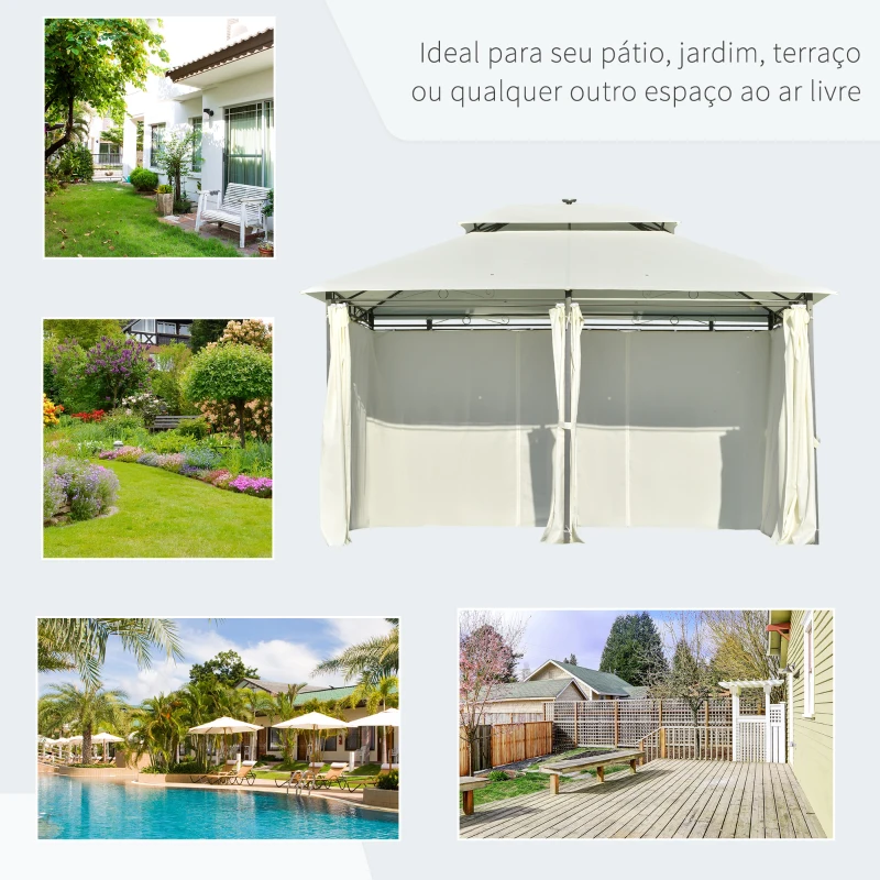 Outsunny Pérgola de jardim 4x3 m com teto duplo 6 cortinas laterais luz LED com painel solar para pátio terraço cor creme