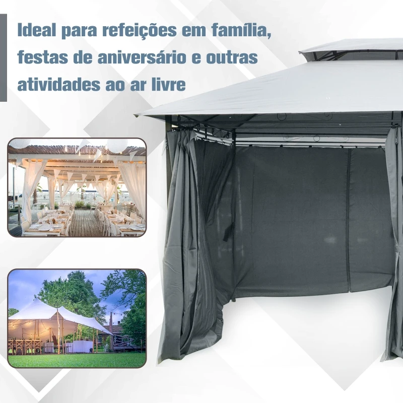 Outsunny Pérgola de Jardim com Estrutura de Aço Teto Duplo 6 Cortinas Laterais 8 Orifícios de Drenagem 300x400x280 cm Cinza