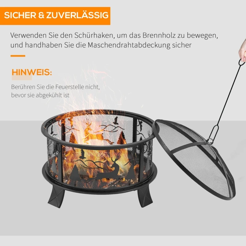 Outsunny Feuerschale Feuerkorb mit Funkenschutz 60 cm Feuerstelle für Garten rund Schwarz