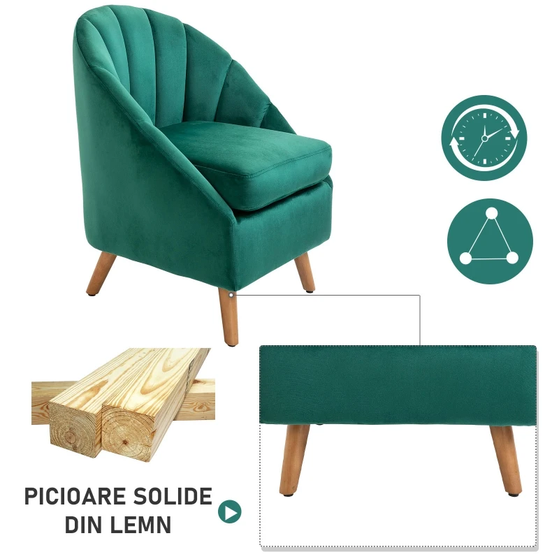 Homcom Fotoliu Verde din Catifea – Elegant cu Picioare din Lemn