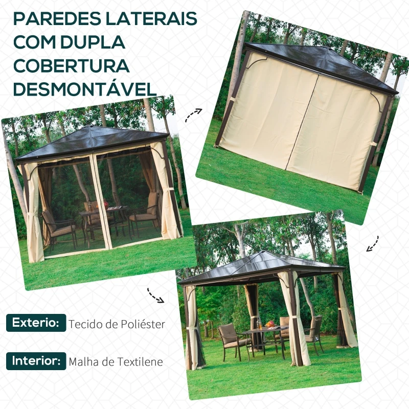 Outsunny Pérgola de Jardim 3x3m com Pára-ventos e Rede mosquiteira Alumínio, Policarbonato e Poliéster Café e Creme