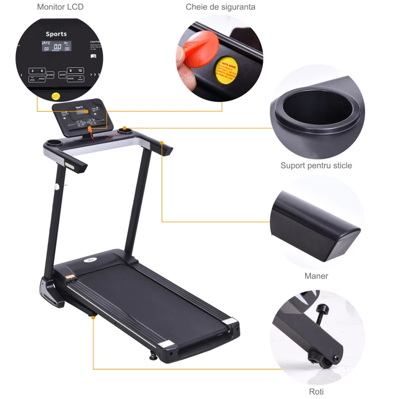 HomCom banda de alergat electrica, ecran LCD, neagra