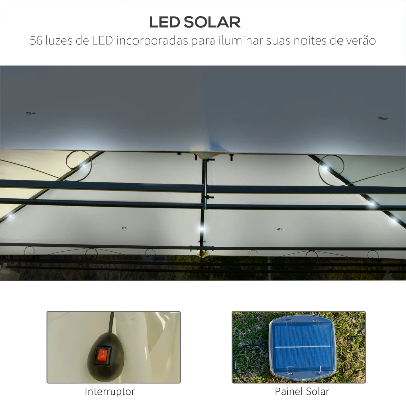 Outsunny Pérgola de jardim 4x3 m com teto duplo 6 cortinas laterais luz LED com painel solar para pátio terraço cor creme