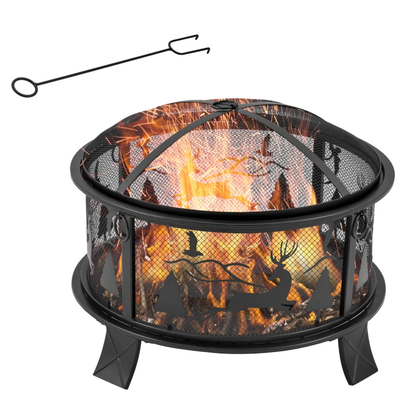 Outsunny Feuerschale Feuerkorb mit Funkenschutz 60 cm Feuerstelle für Garten rund Schwarz